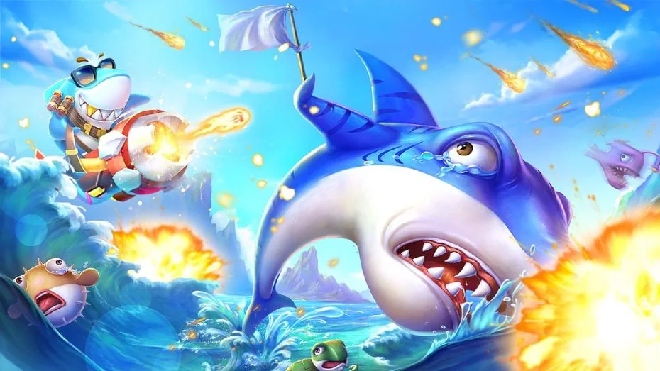 Adegan target ikan dan efek cahaya dalam permainan arcade bawah air